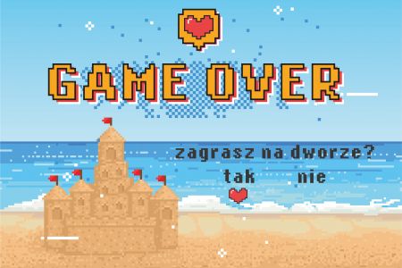 Napis Game Over na plaży z domkiem z piasku na plaży , grafika złożona z pikseli - grafika projektu Wgraj się!