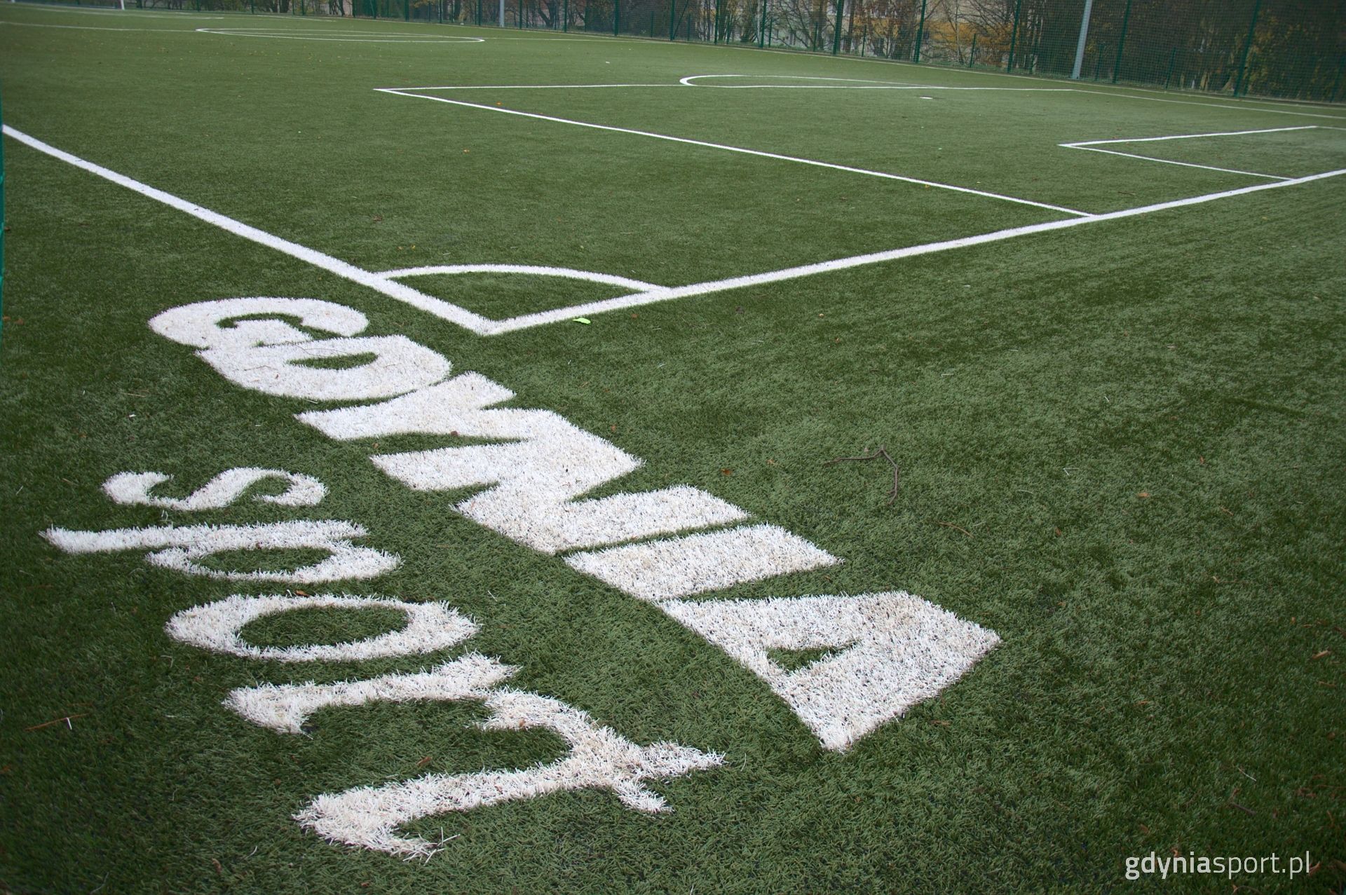 napis "Gdynia Sport" na trawie 
