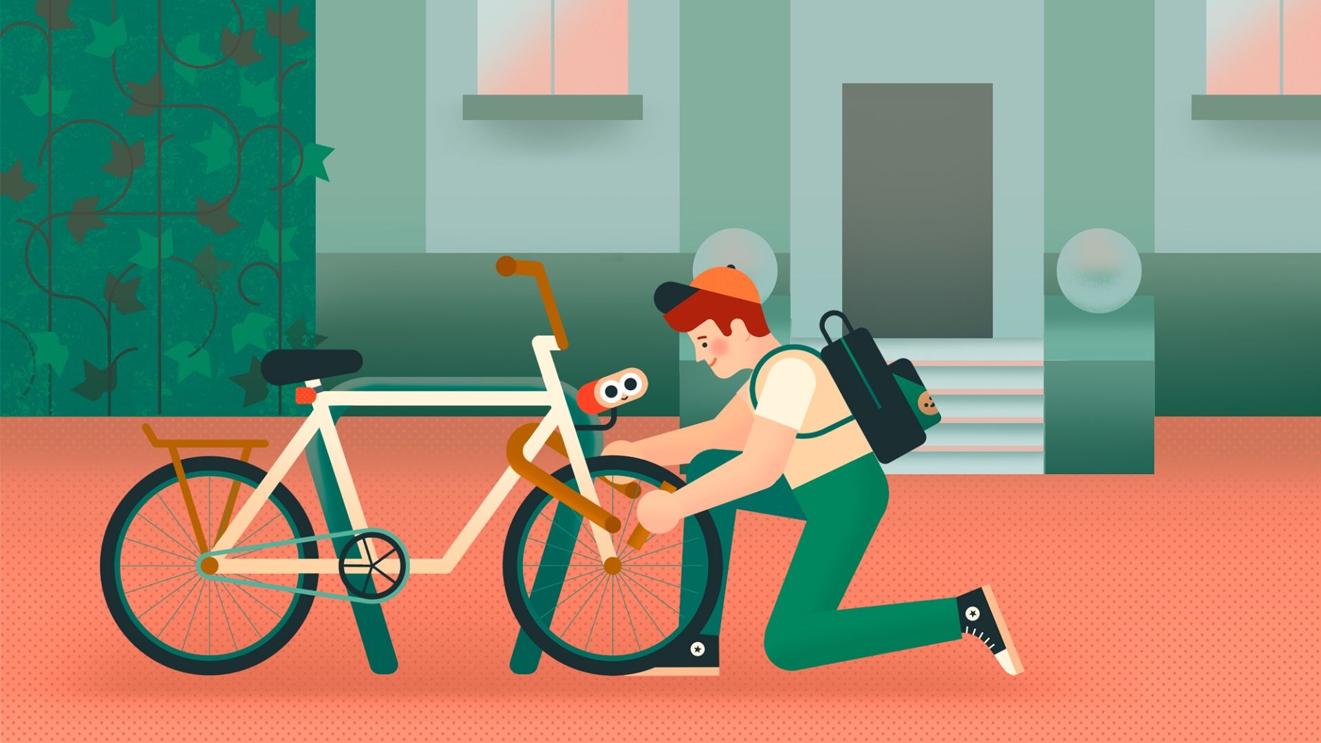 Kadr z filmu "Bezpiecznie w drodze do szkoły" prezentujący animowaną postać młodego rowerzysty na bulwarze w Gdyni mijającego machającą mu kobietę wiozącą dwójkę dzieci w rowerze cargo. w tle widać statek i żaglówki oraz słońce na horyzoncie 