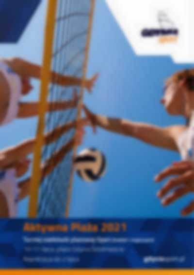 Grafika Aktywna Plaża Gdynia mężczyzna uderzający piłkę jest zablokowany przez blok złożony z dwóch kobiet - piłka wraca na jego stronę. zdjęcie zrobione z dołu
