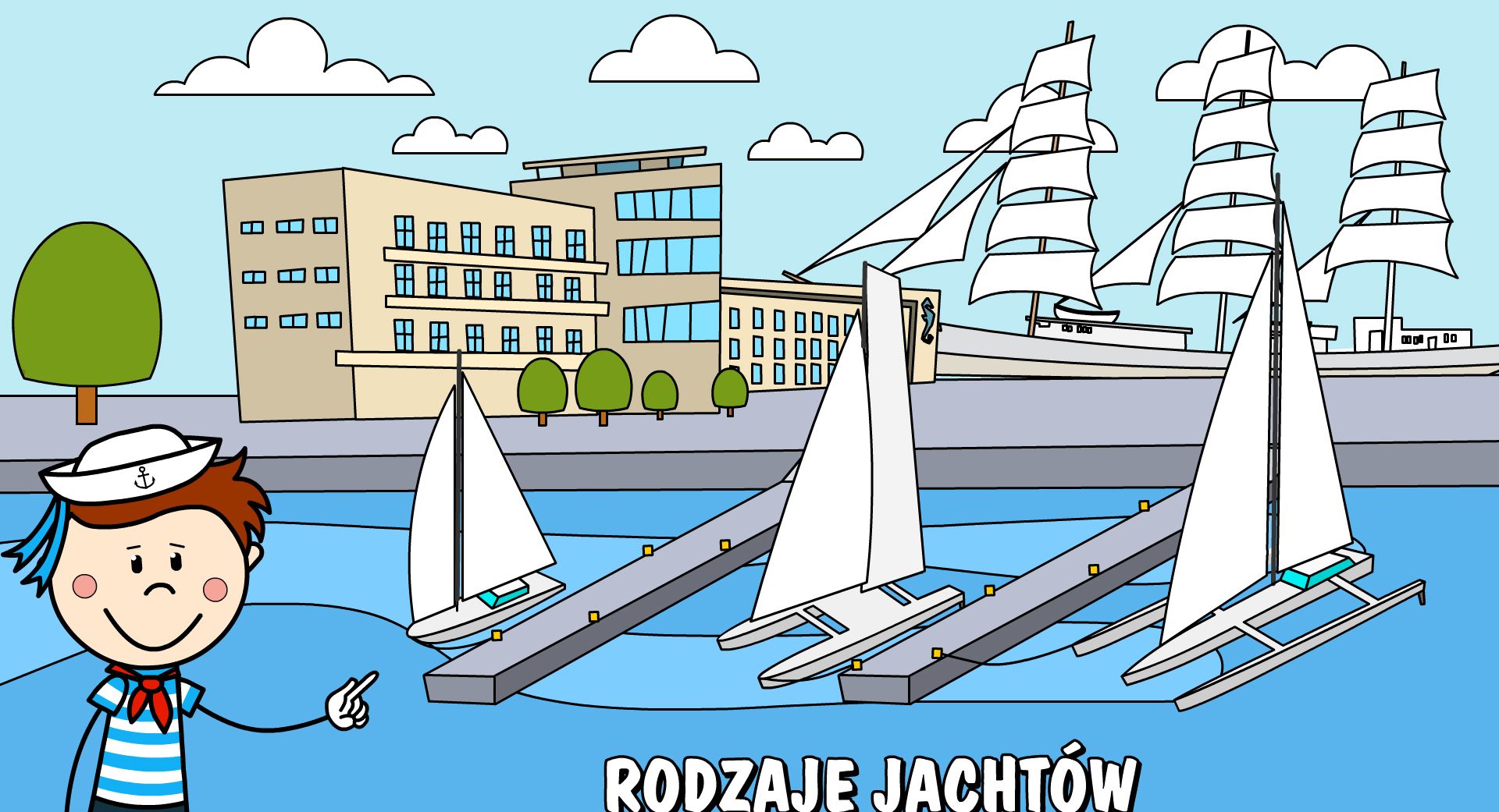 Kolorowanka projektu Gdynia na Fali przedstawiająca różne rodzaje jachtów 